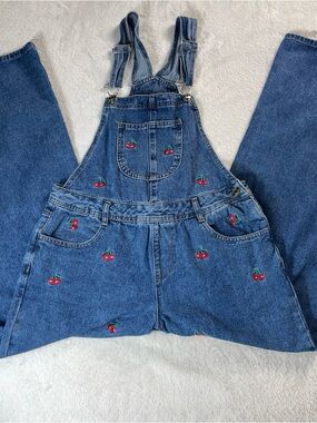 Gogo Jeans Women’s Size Med Blue Denim Overalls With Embroidered Red Cherries